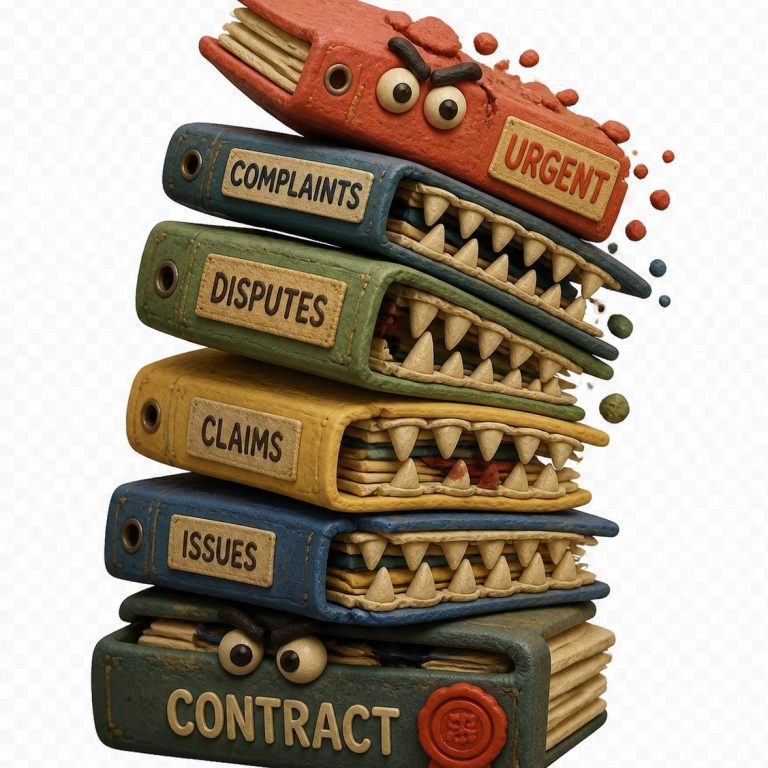Disputes Escalate Stack of colourful binders labelled 'Urgent', 'Complaints', 'Disputes', 'Claims', 'Issues', 'Contract'.