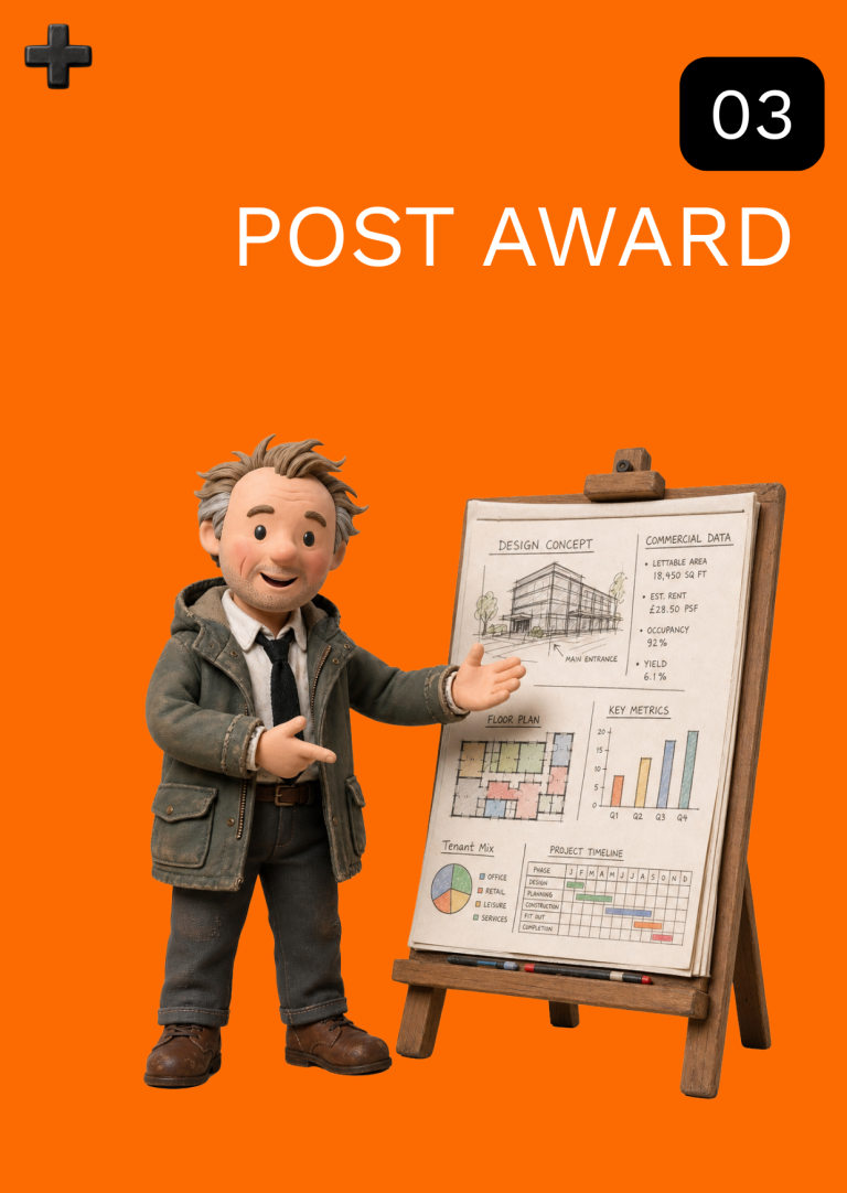 A cartoon character in a coat pointing at a presentation board with graphs and charts.