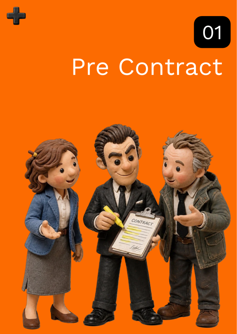 Three figures discussing a pre-contract with a clipboard on an orange background.