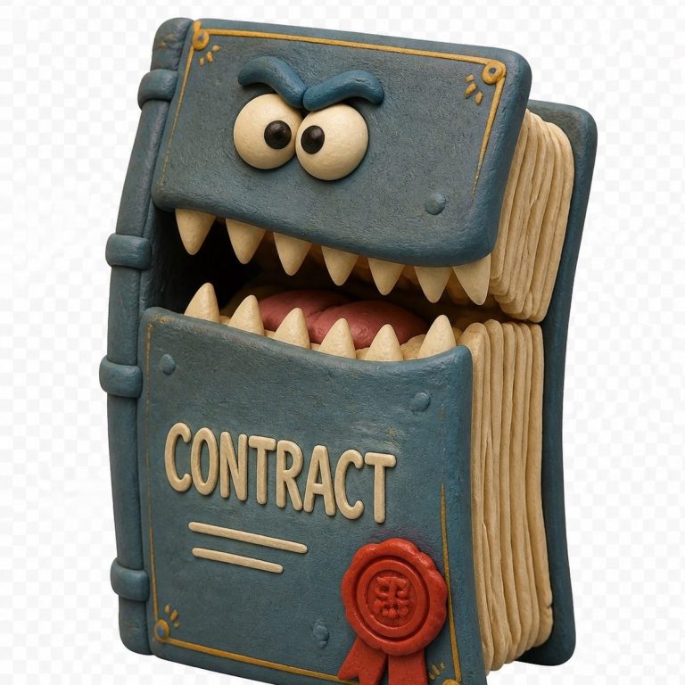 Contracts Bite A playful, monster-like book with sharp teeth, titled "CONTRACT" in whimsical font.