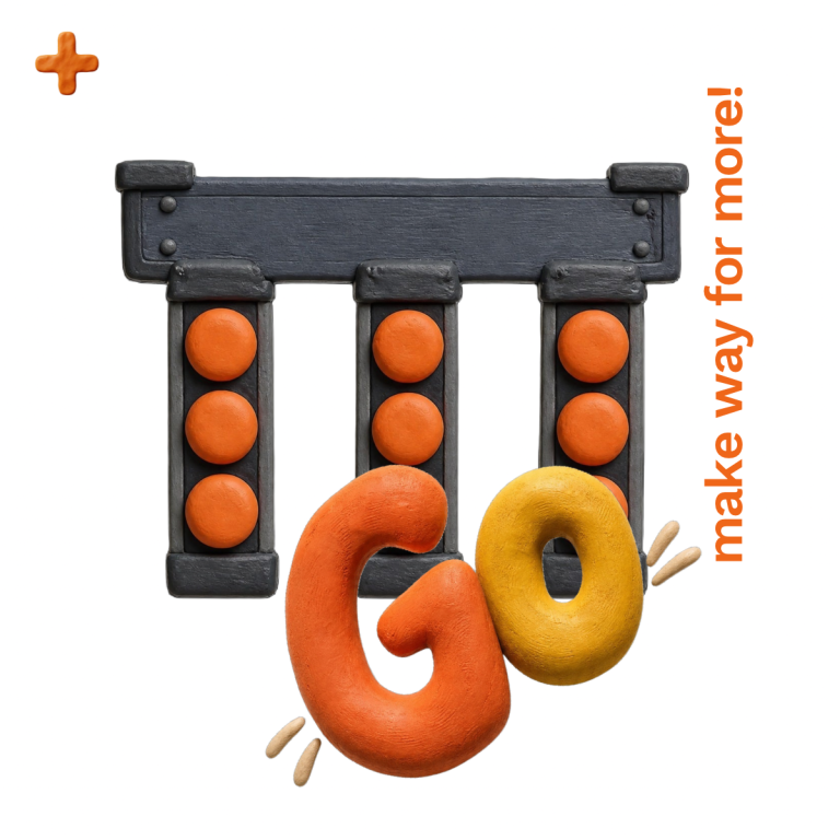 Three orange and black traffic lights with the word "Go" in orange and yellow beside them.