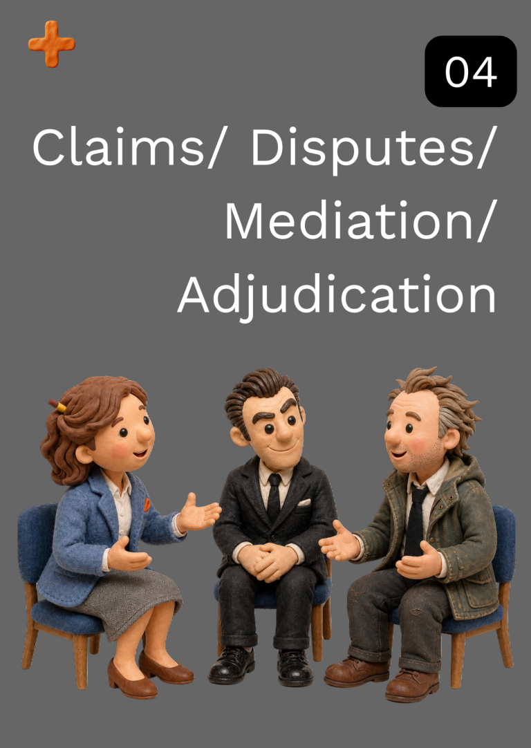 Three people discussing claims and disputes, with a focus on mediation and adjudication.