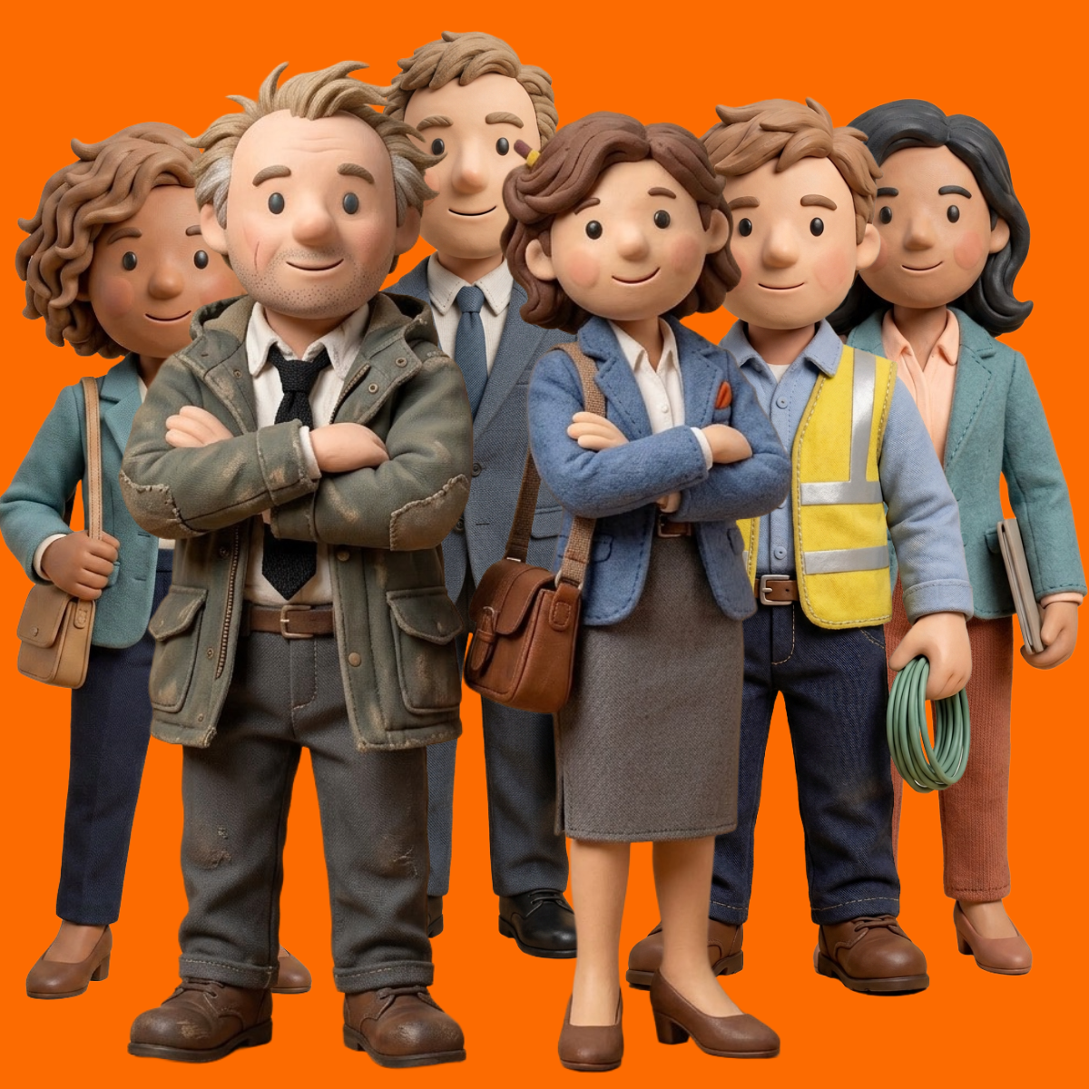 Specialist Quantity Surveying Services Six stylised characters, diverse in appearance, dressed in various professional outfits.