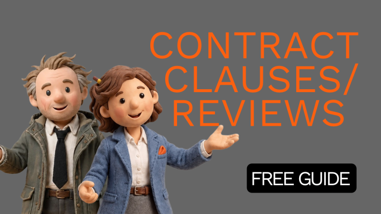 You need Quantity Surveying Support Guide Two animated characters presenting a guide on contract clauses and reviews.