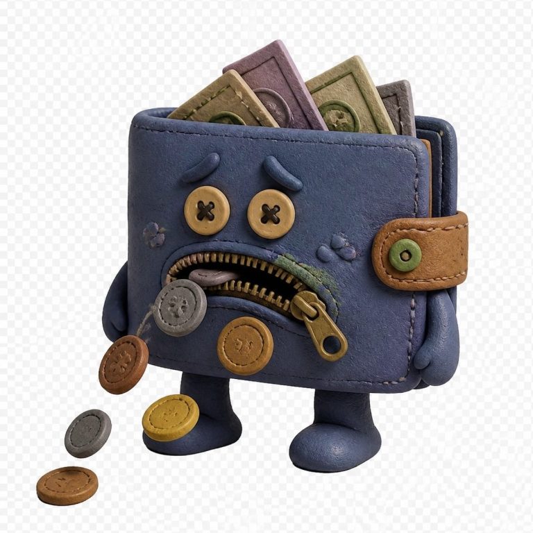 Cash falling from Wallet A sad-looking wallet with a zipper mouth, buttons for eyes, and coins spilling out.