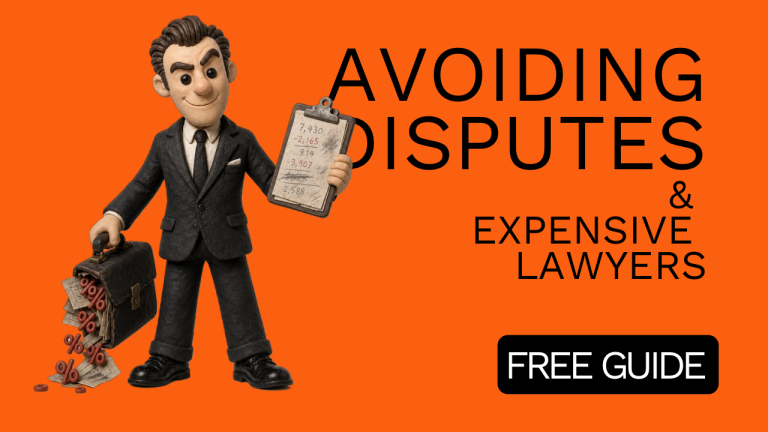 You need Quantity Surveying Guide Cartoon lawyer with a briefcase, promoting a guide on avoiding disputes and legal fees.