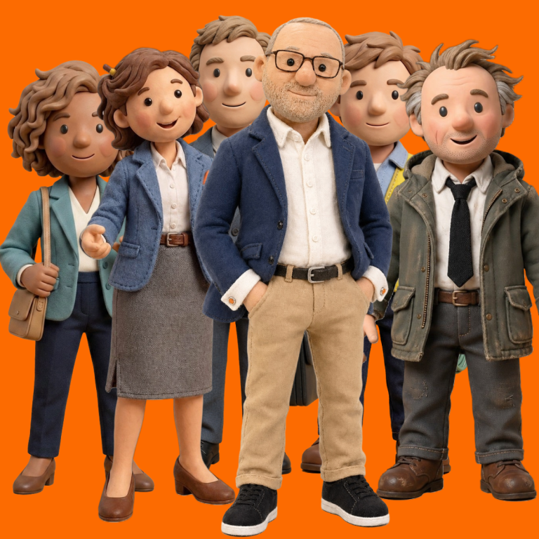 A diverse group of animated characters in casual and business attire on an orange background.
